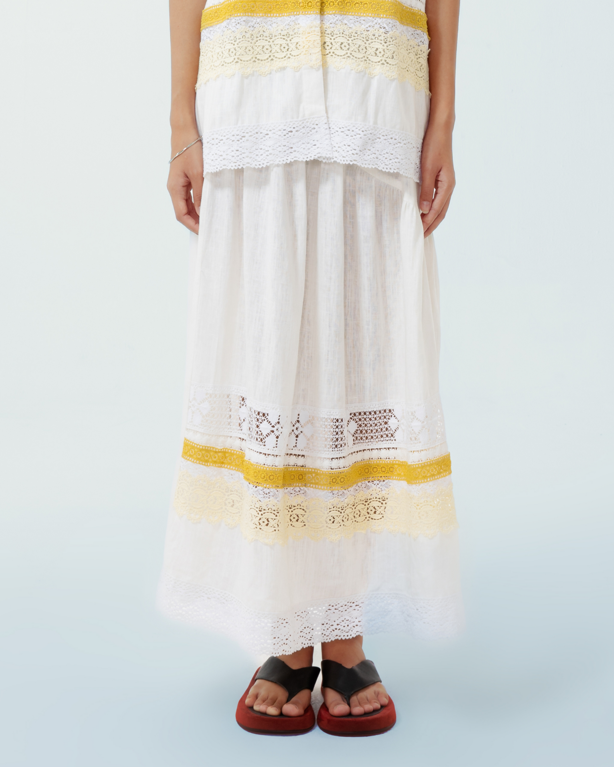 Image of Miel Maxi Skirt, a maxi flowy skirt made from deadstock linen and lace.