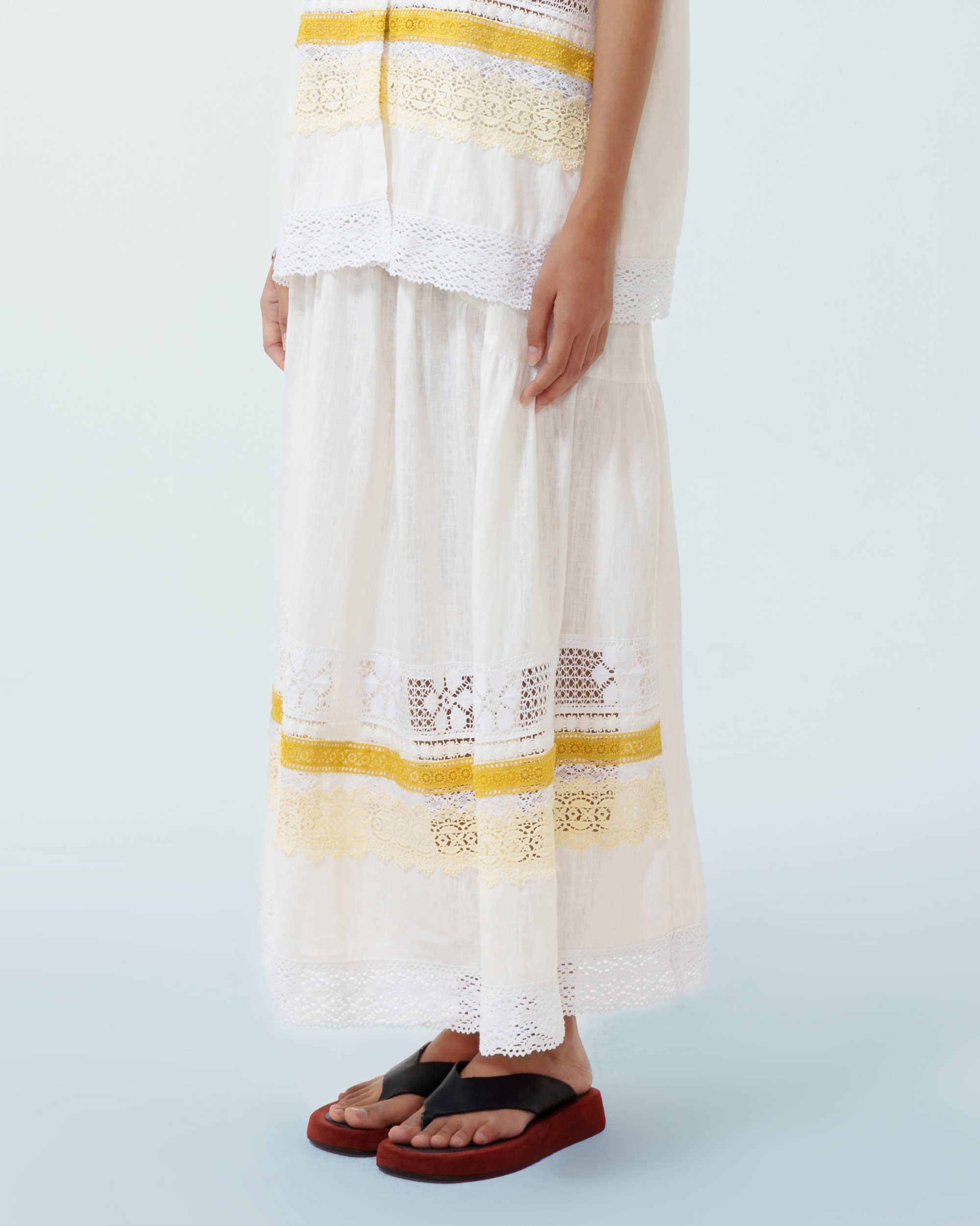 Image of Miel Maxi Skirt, a maxi flowy skirt made from deadstock linen and lace.