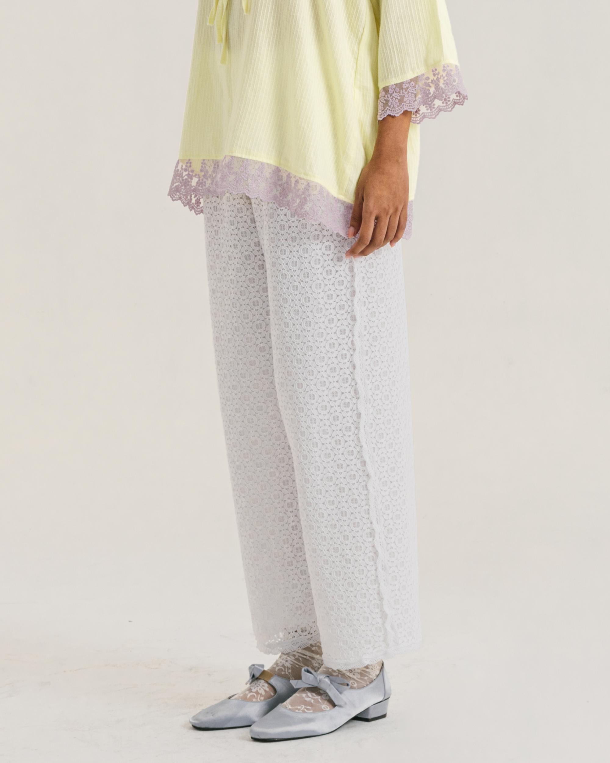 Image of Pearly Lace Pants White, a straight-cut pants made from comfortable cotton brocade.