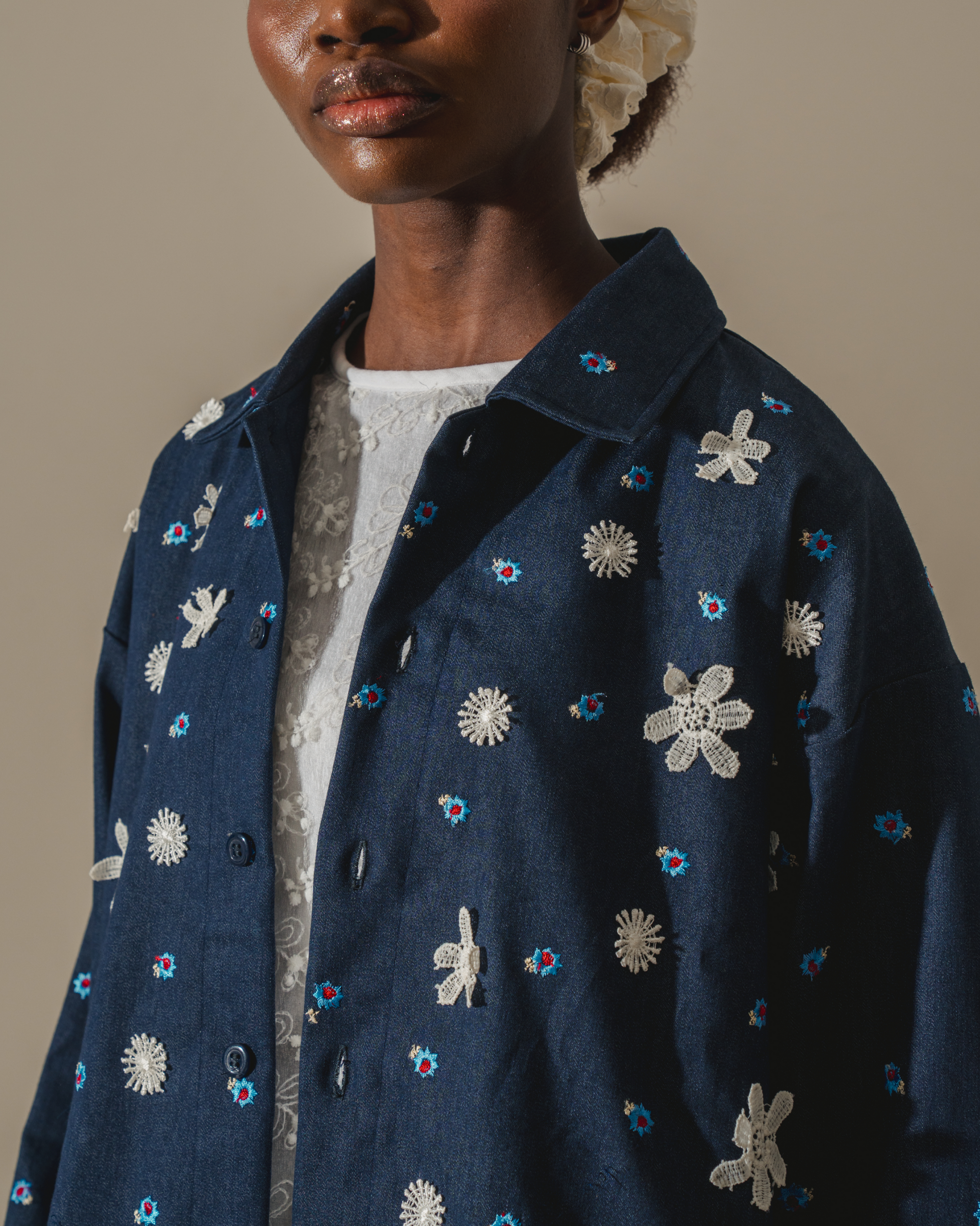 Image of Pippy Embroidery Shirt Jacket, a jacket made from deadstock cotton jacquard, hand-embroidered with lace.