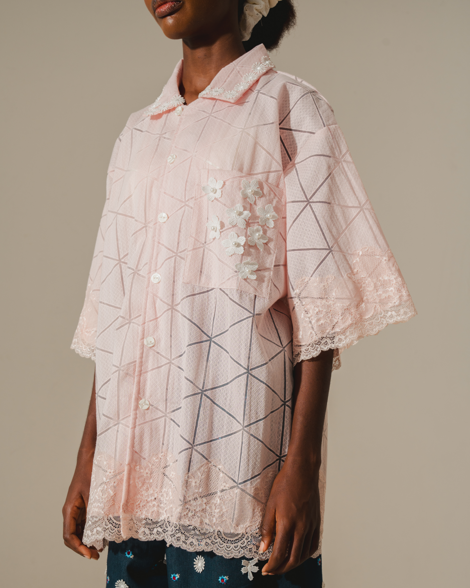 Image of Pixie Lace Shirt, an oversized shirt made from cotton, hand-embroidered with lace and faux pearls.