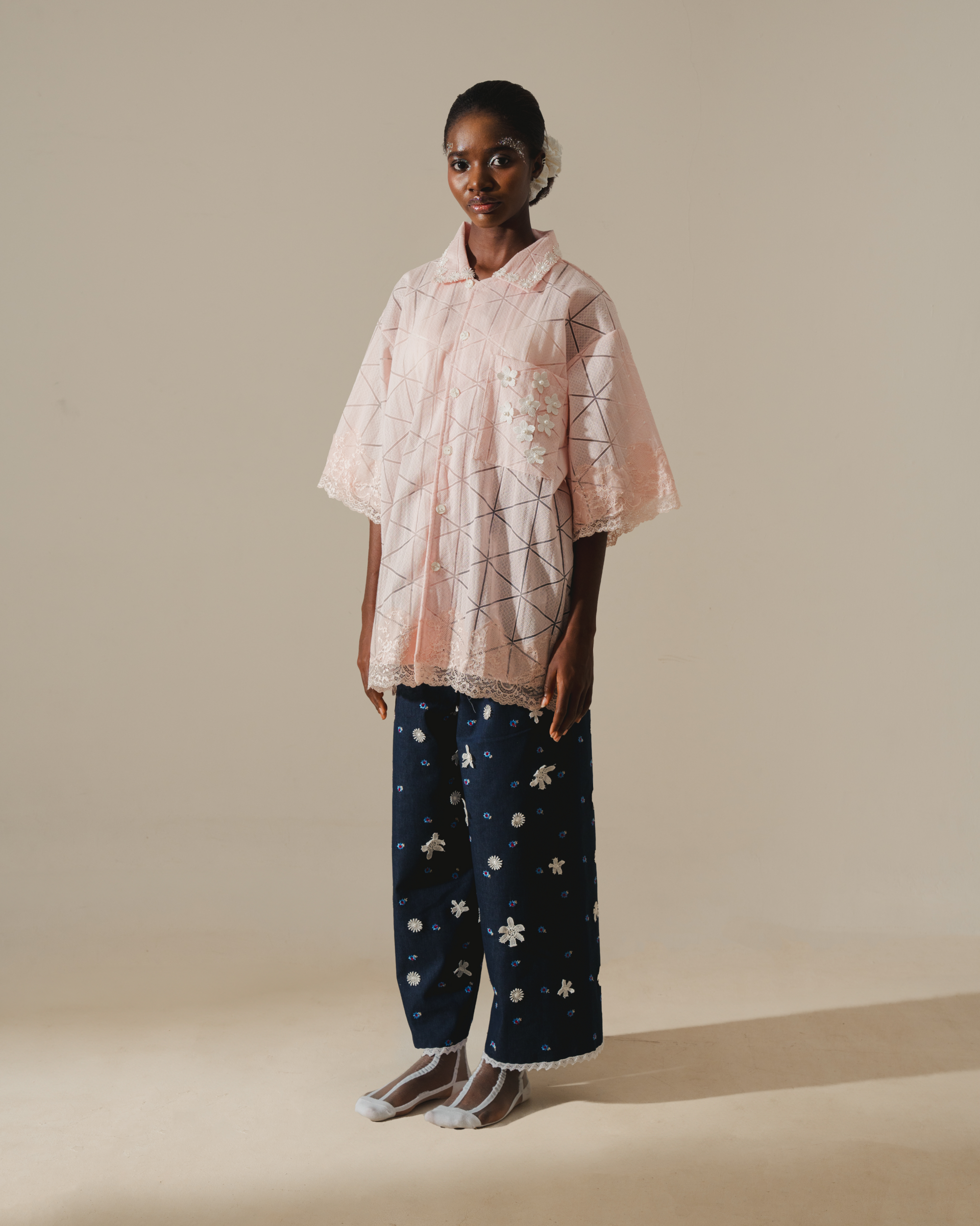 Image of Pixie Lace Shirt, an oversized shirt made from cotton, hand-embroidered with lace and faux pearls.