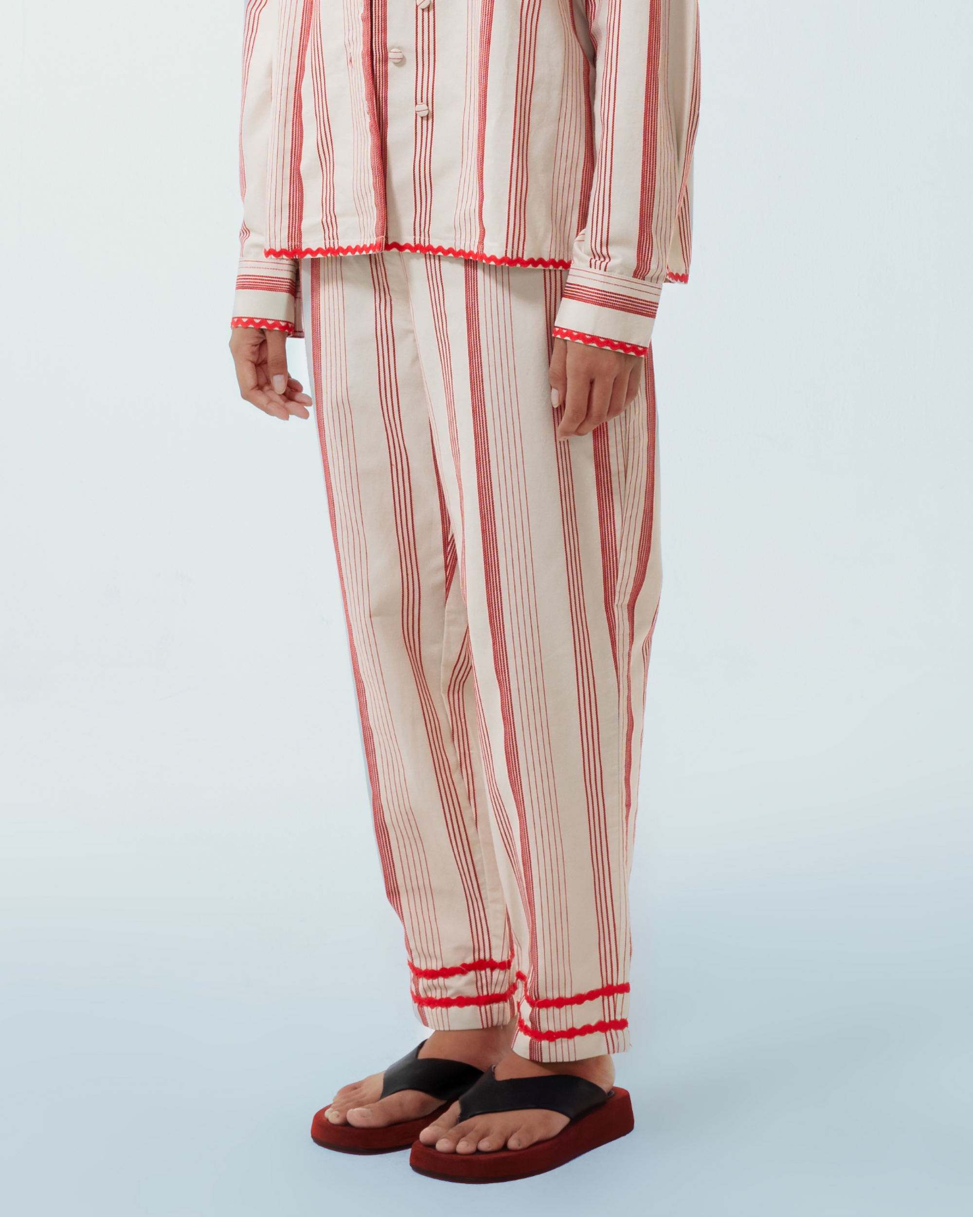 Image of Pronto Pants, a pants made from APR linen, adorned with a ric-rac ribbon detailing.