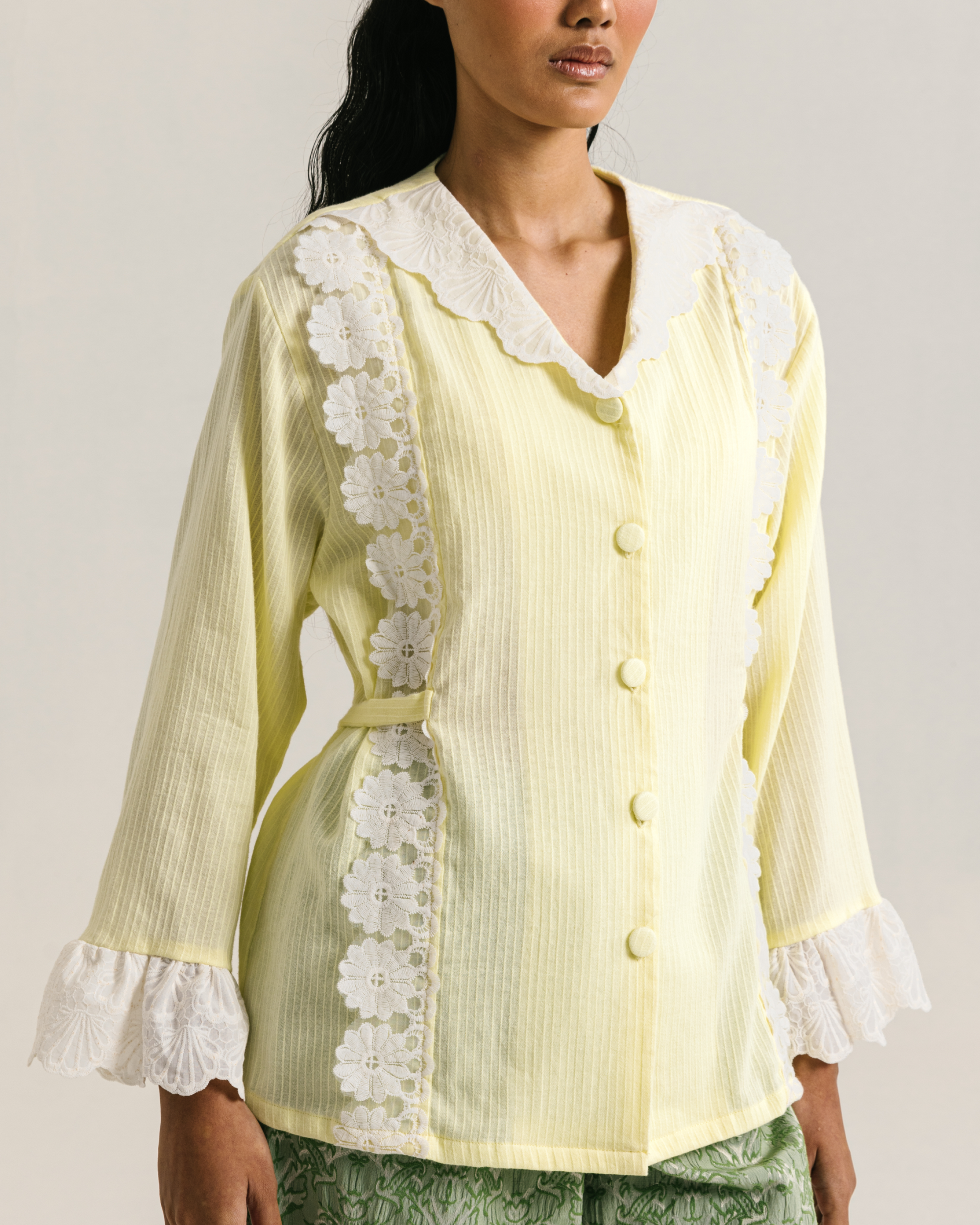 Image of Ramona Longsleeve Yellow, a vintage-inspired blouse made from comfortable cotton with an added charming lace details on it. 