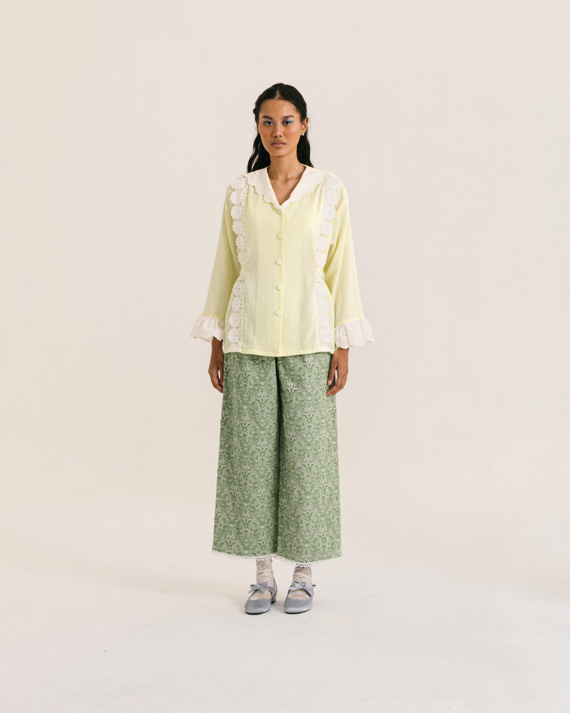 Image of Ramona Longsleeve Yellow, a vintage-inspired blouse made from comfortable cotton with an added charming lace details on it. 