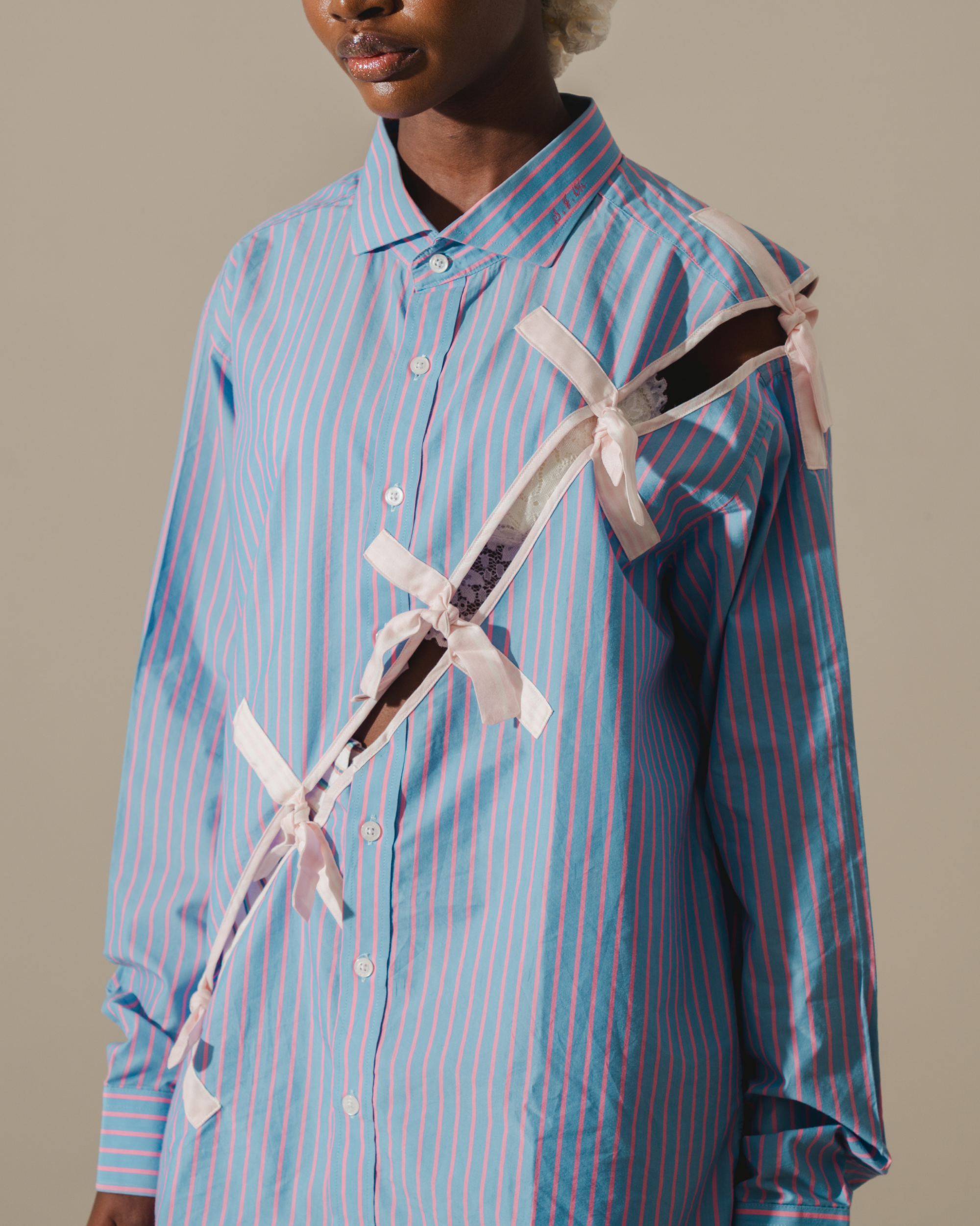 Image of RE-WORK XX SHIRT, a shirt with cutout and ribbon detailing on the shoulders part.