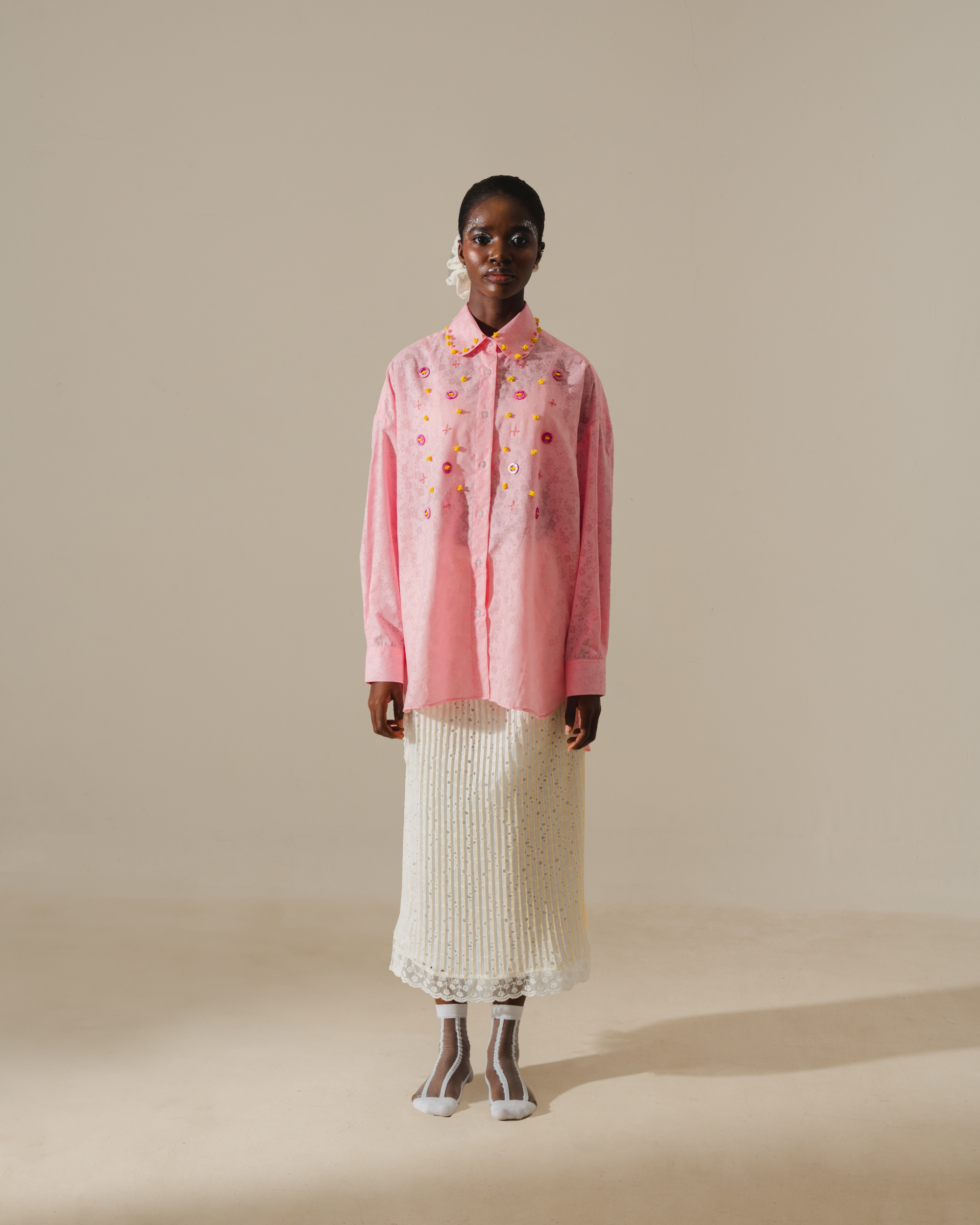 Image of Starr Shirt Pink, a longsleeve shirt made from cotton, hand-embroidered with beads.