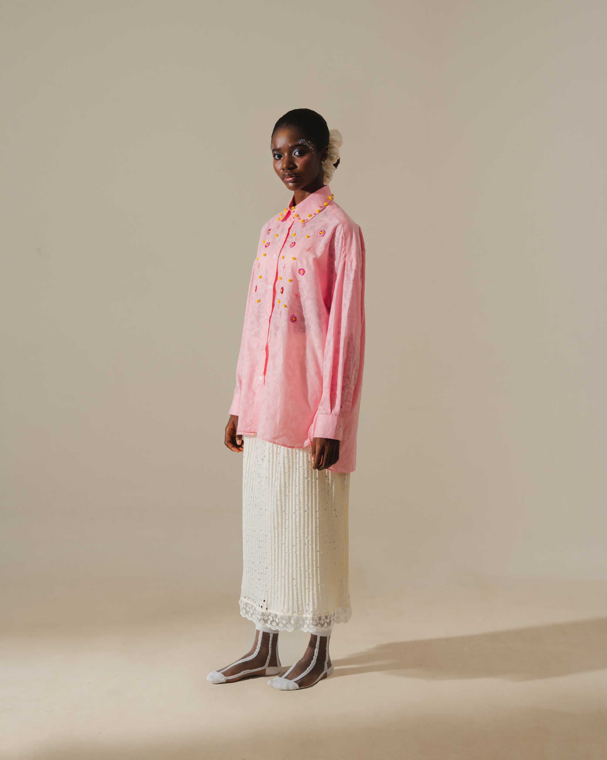 Image of Starr Shirt Pink, a longsleeve shirt made from cotton, hand-embroidered with beads.