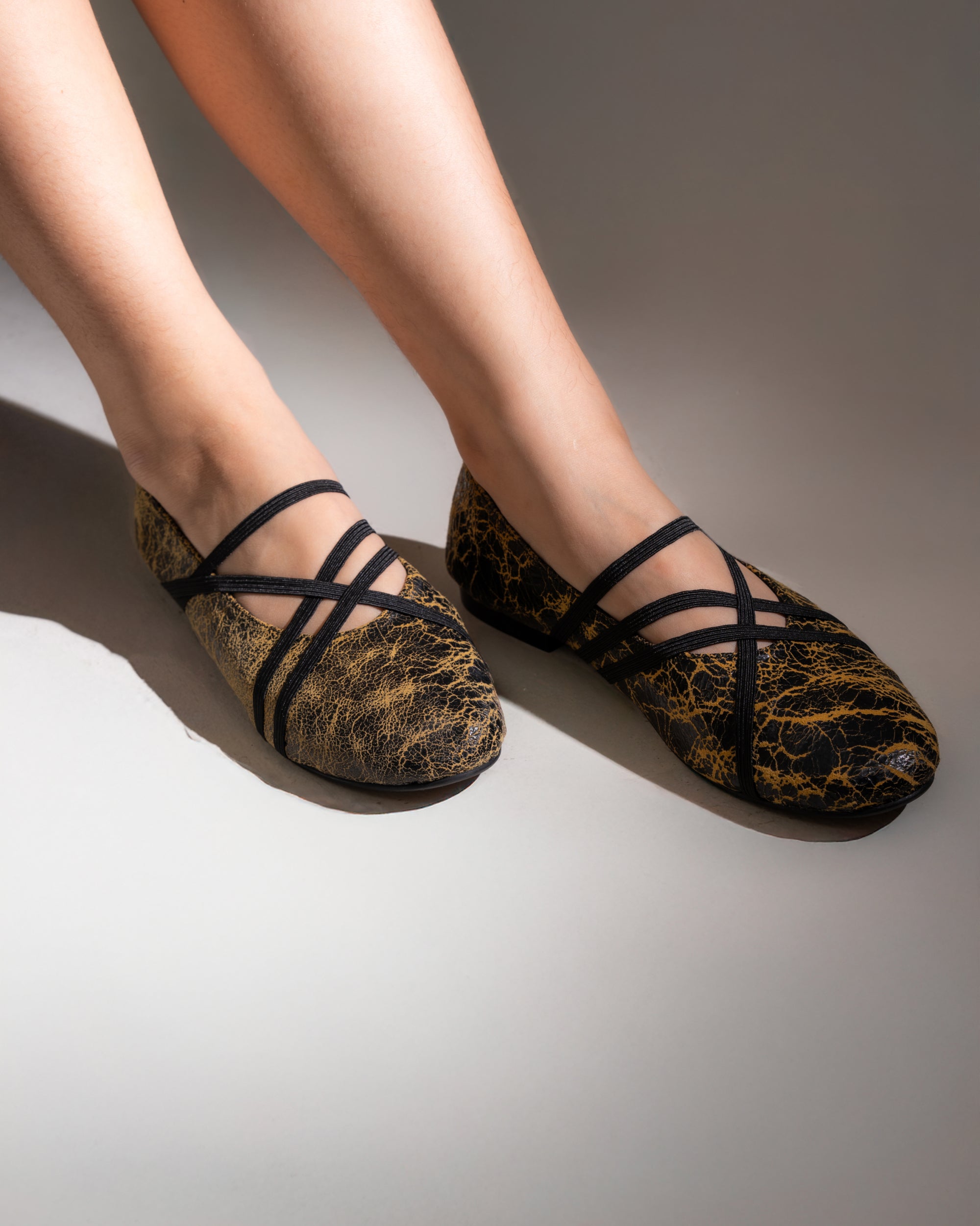 Image of Strappy Ballerina Cracked Leather Yellow, a ballet flat shoes made from genuine leather with a criss-cross elastic bands.