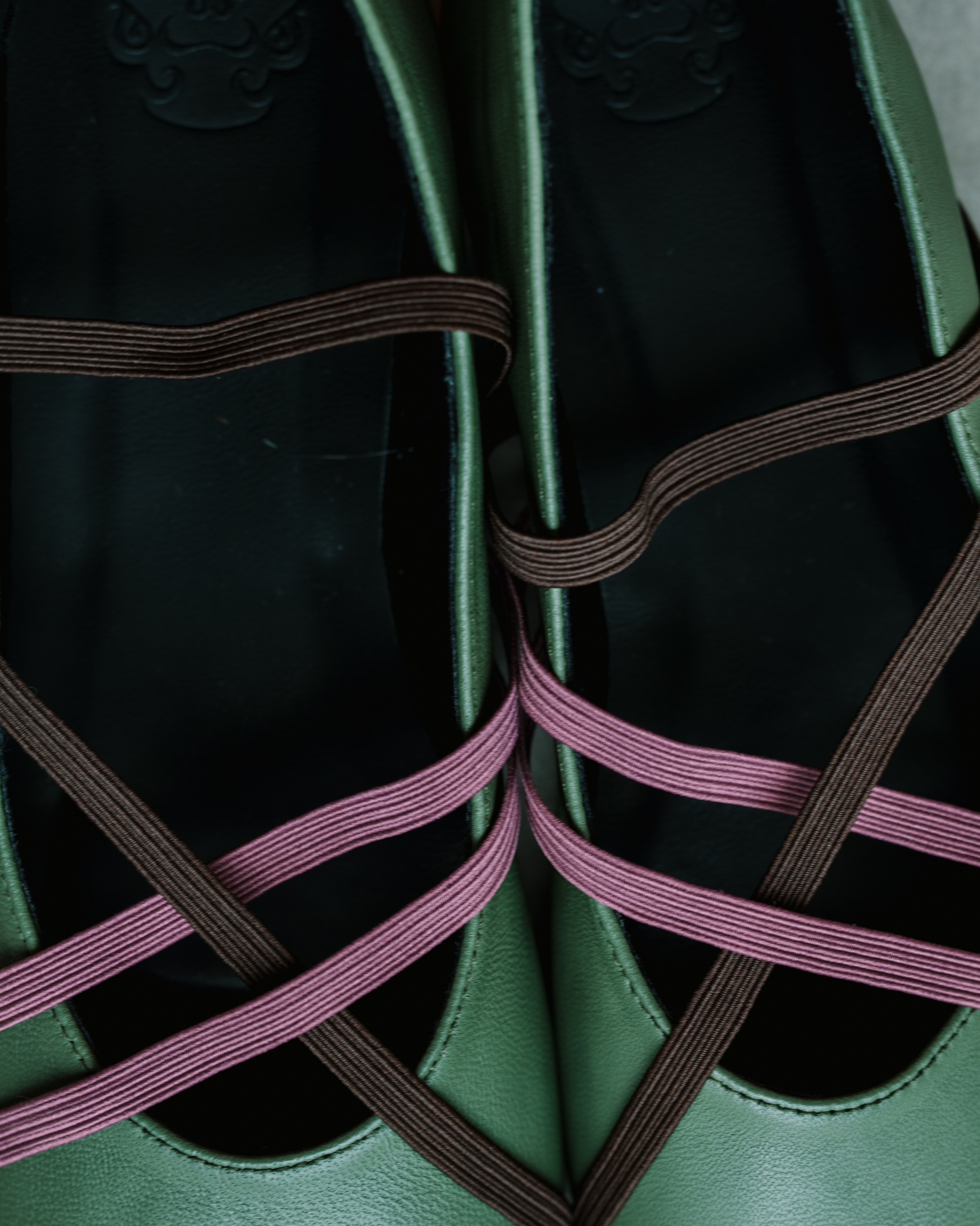 Image of Strappy Ballerina Green, a ballet flat shoes made from genuine leather with a criss-cross elastic bands.