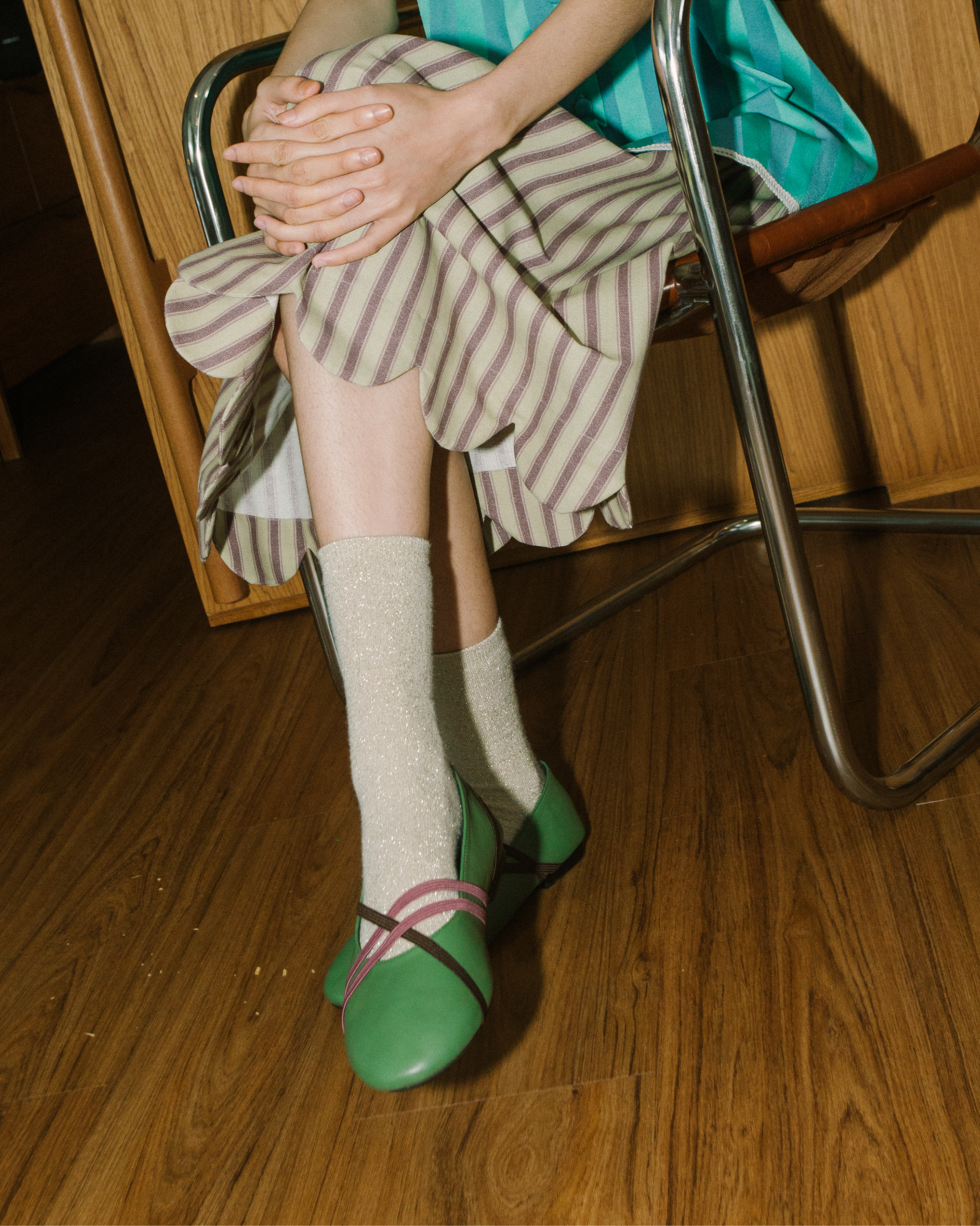 Image of Strappy Ballerina Green, a ballet flat shoes made from genuine leather with a criss-cross elastic bands.