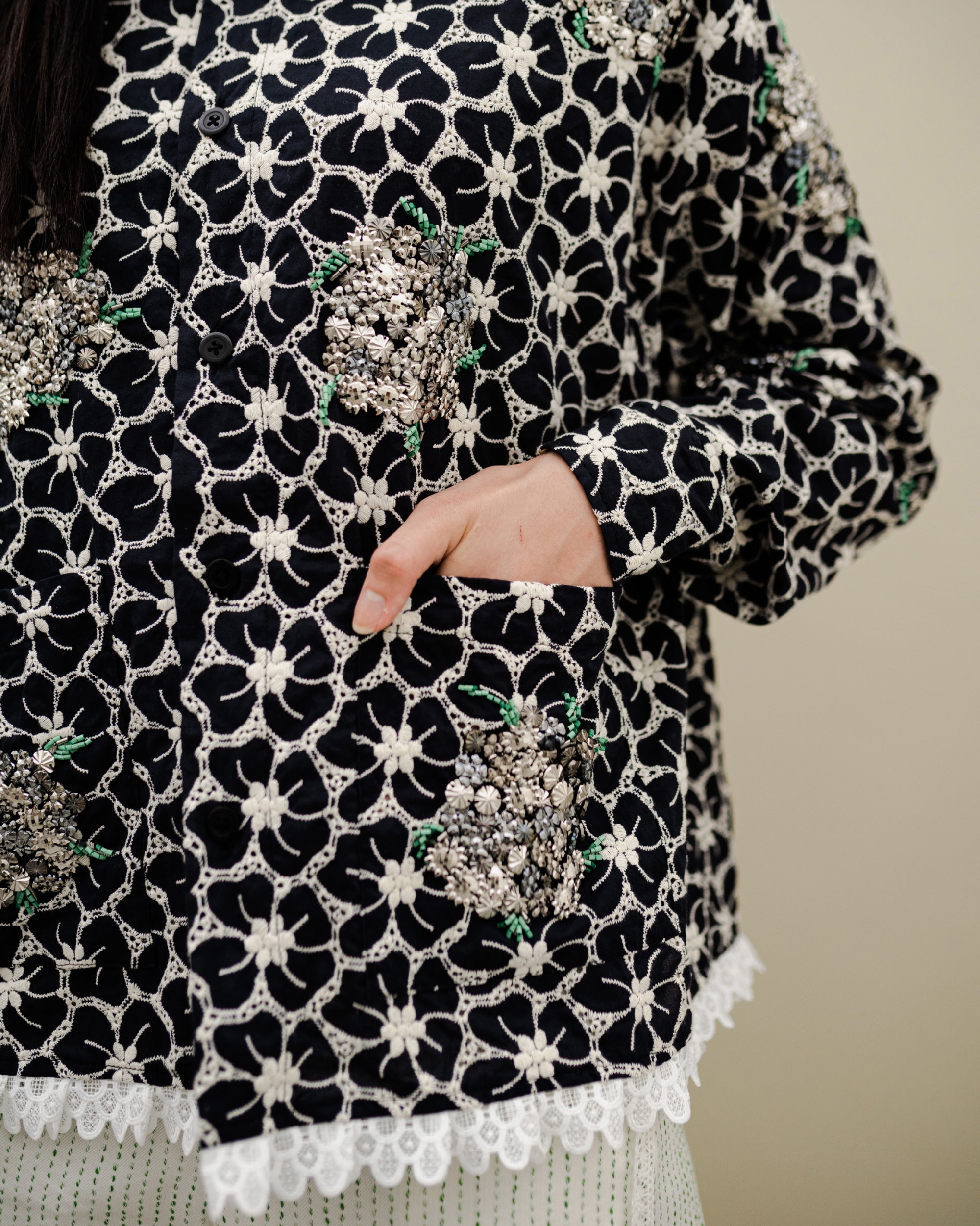 Image of Tali Beaded Shirt-Jacket Black,a shirt-jacket adorned with silver beadwork.