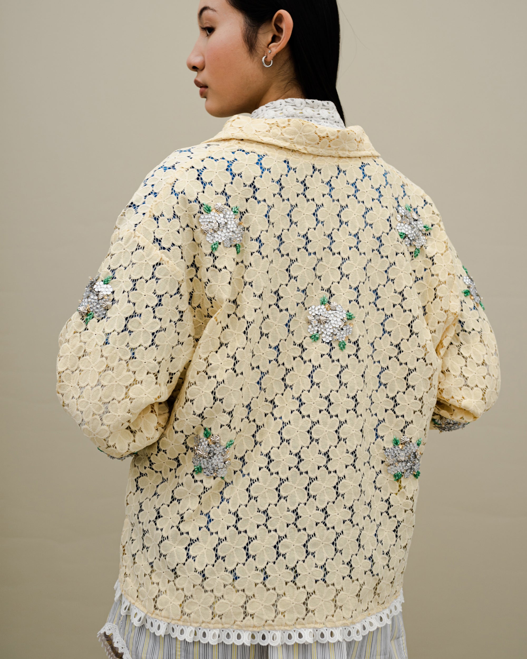 Image of Tali Beaded Shirt-Jacket Yellow, a shirt-jacket adorned with silver beadwork.