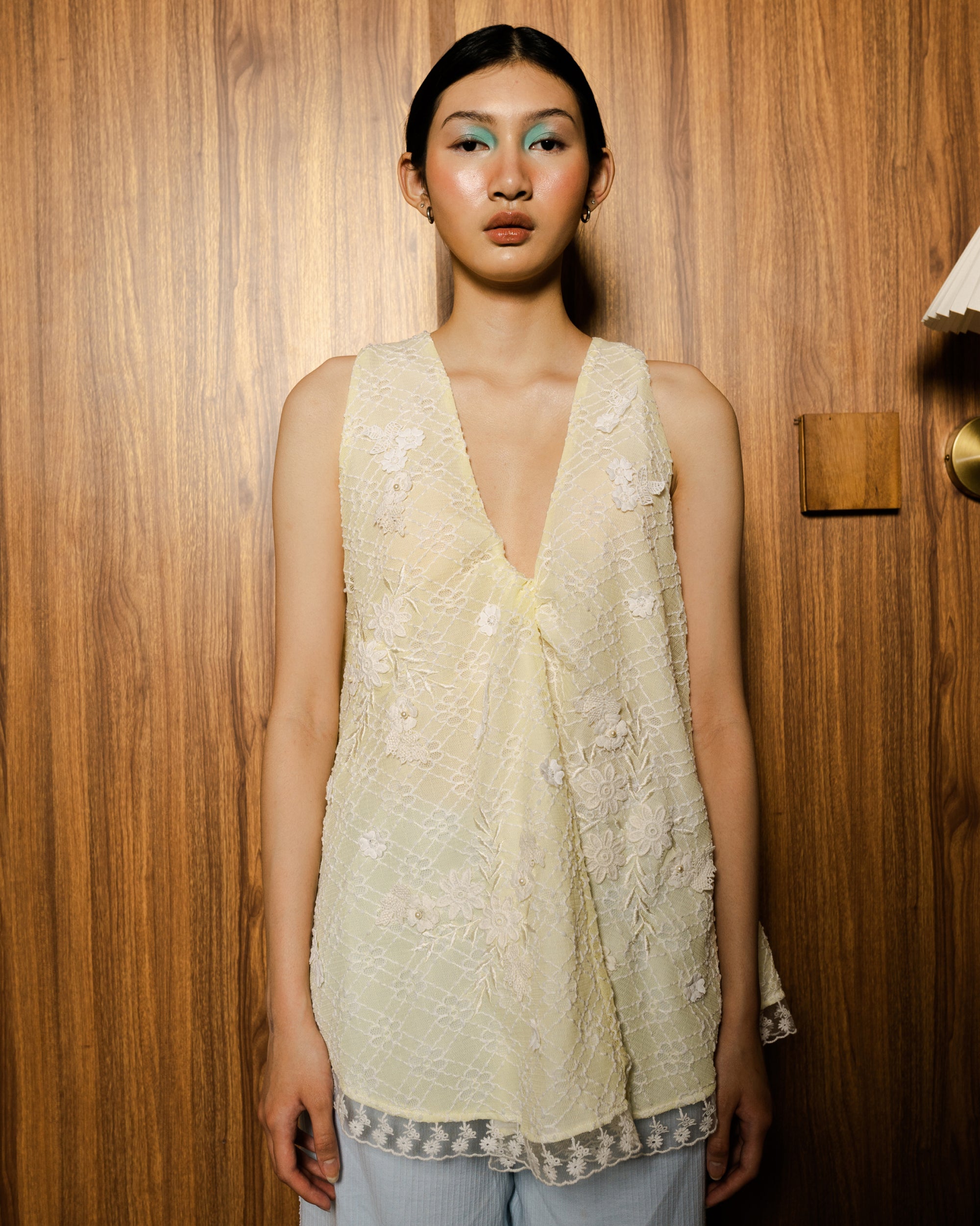 Image of Zhenna Sleeveless Top Yellow, a sleeveless top made from embroidered lace.