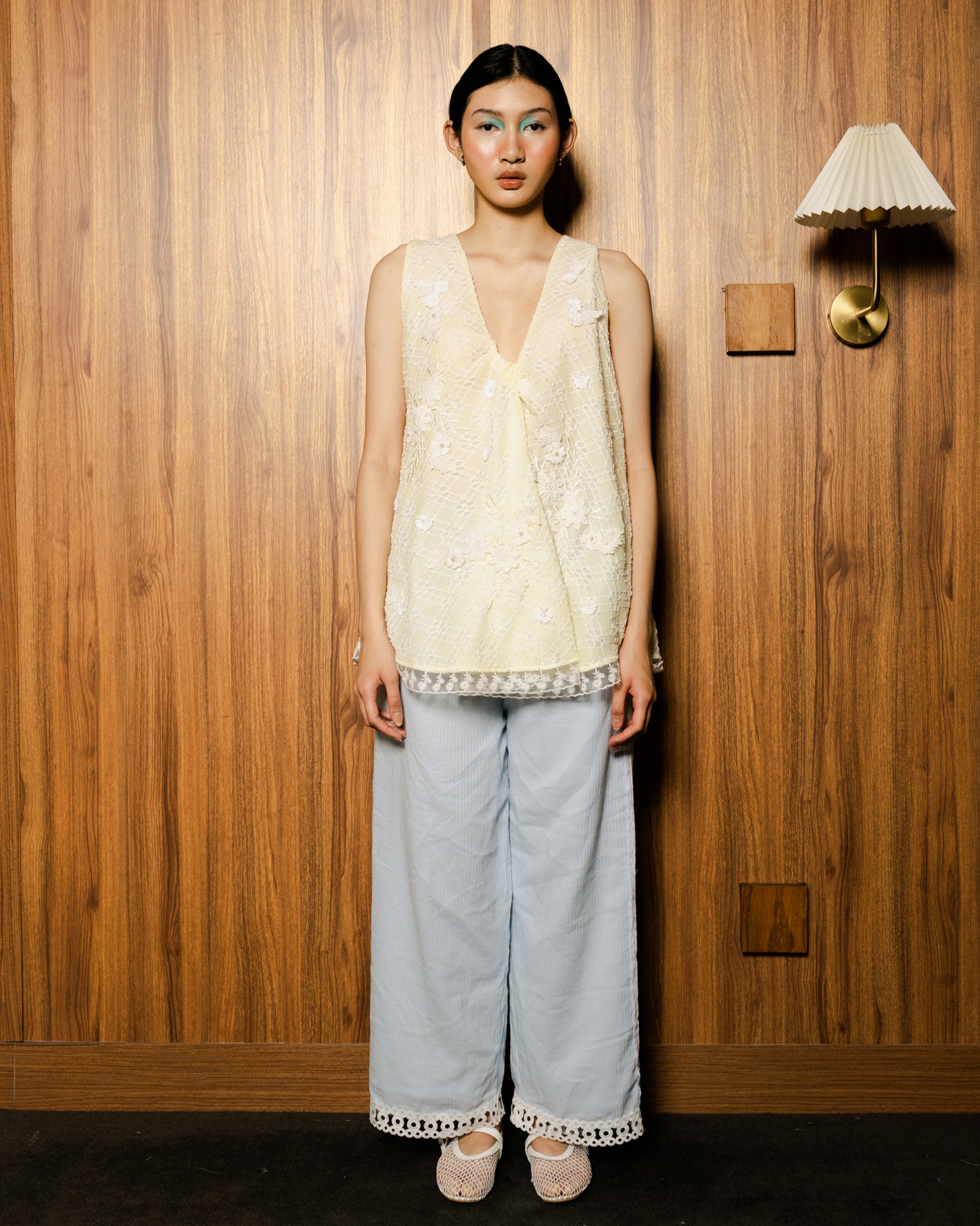 Image of Zhenna Sleeveless Top Yellow, a sleeveless top made from embroidered lace.