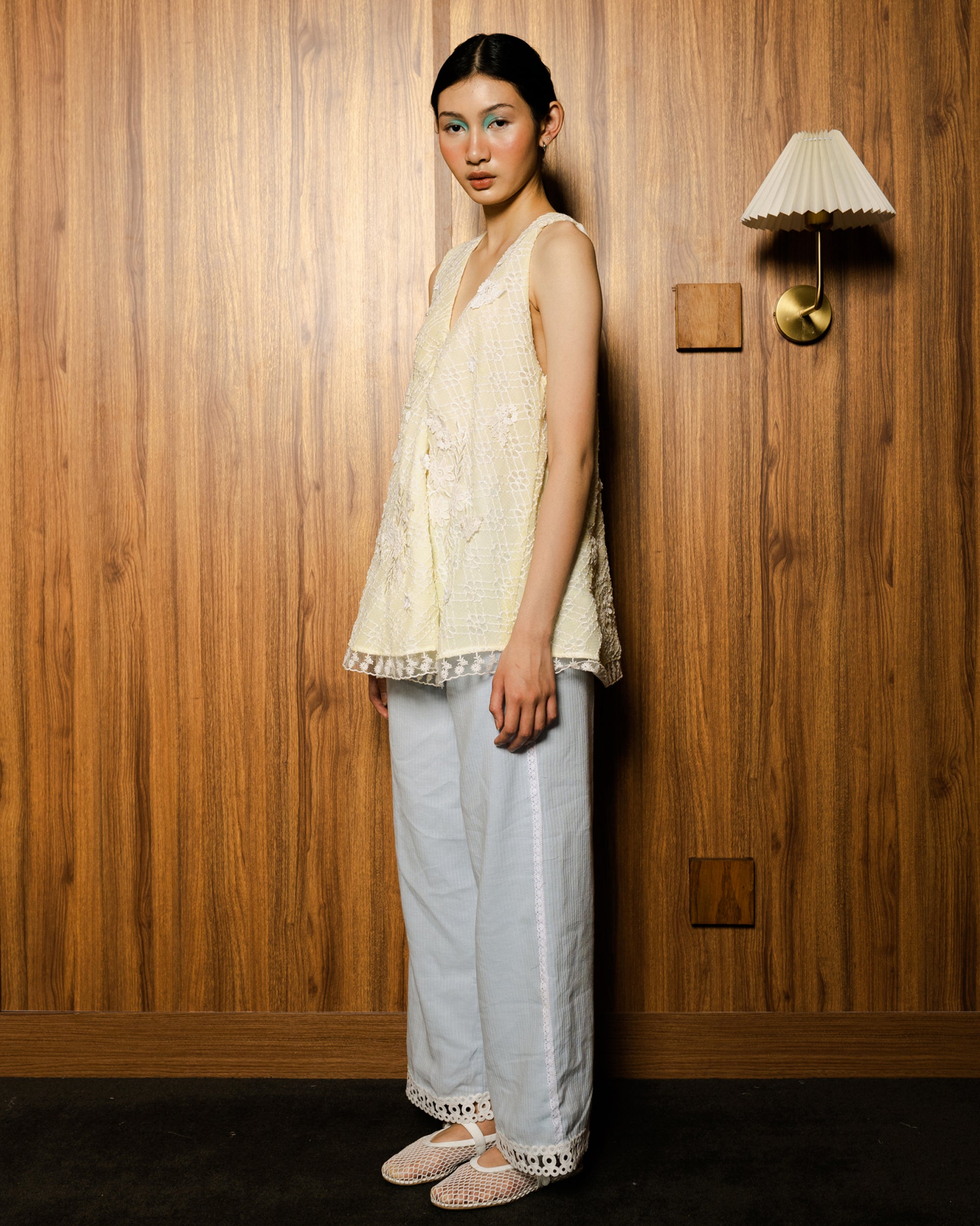 Image of Zhenna Sleeveless Top Yellow, a sleeveless top made from embroidered lace.